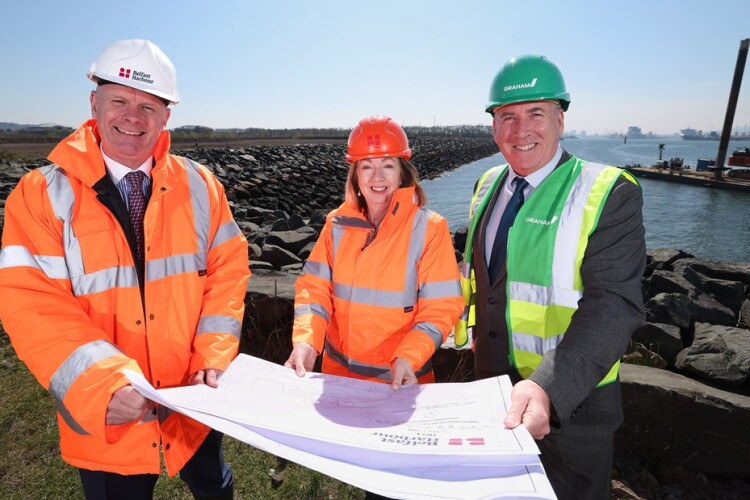 Belfast Harbour CEO Joe O’Neill (left) with chair Theresa Donaldson (centre) and Graham managing director Leo Martin at the site of the new D3 terminal