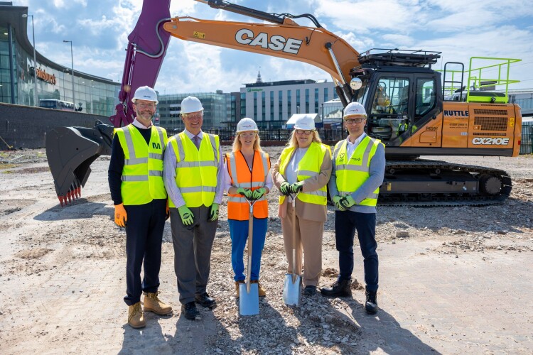 Officials gather for the ground-breaking ceremony. L-R: Alan McBride, Muse; Will Town, DIO; Jennifer Chard, DBS; Cllr Lynn Williams, Blackpool Council; Garry Bowker, Vinci Building