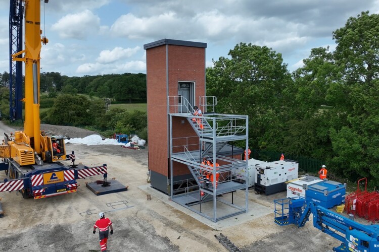 The Kone Monospace 700 lift tower stack at the Network Rail test track facility in Melton Mowbray.