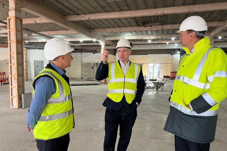 Vaughandale Construction contracts director Darren Atkins (left) on site with Cllr Matthew Relf (centre) and college principal Andrew Cropley (right)